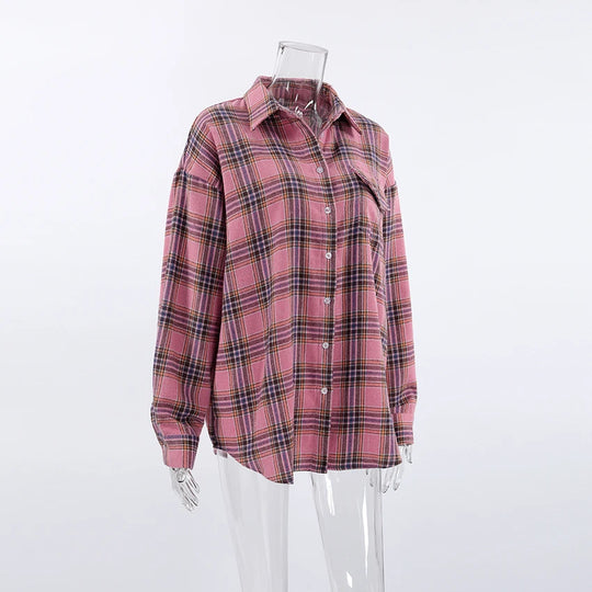 Mnealways18 Pink Plaid Shirts And Tops Women Street Wear Gingham Casual Long Sleeve Top Single-Breasted Oversize Shirt Ladies