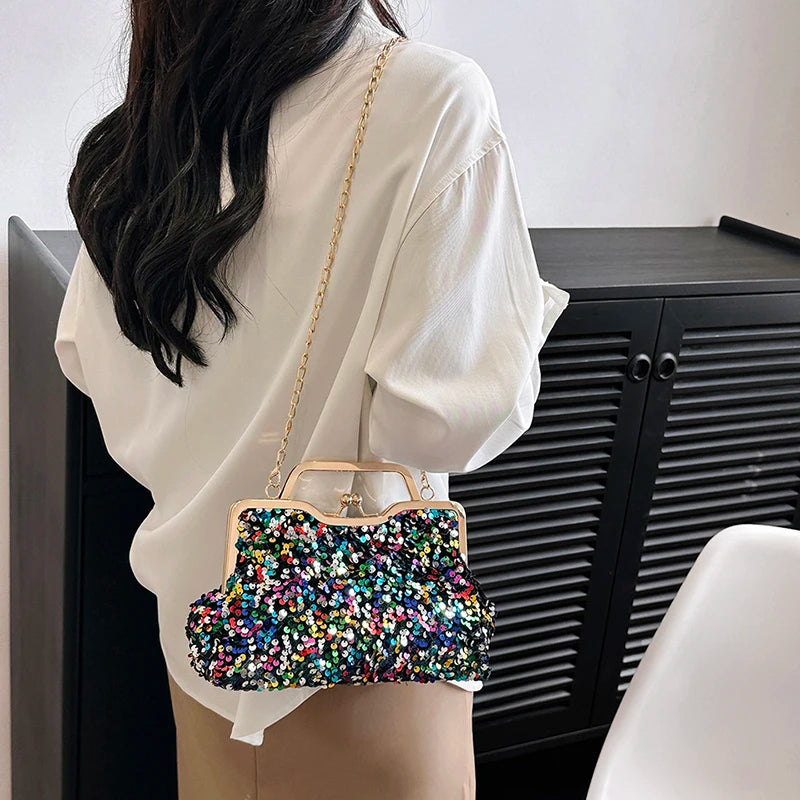 LEFTSIDE Sequin Crossbody Bags for Women 2023 Luxury Designer Fashion Party Handbags Trend Chain Cluth