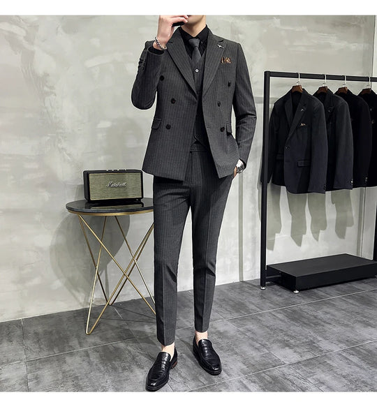 2023 Fashion New Men's Boutique Business Slim Wedding Striped Double Breasted Suit Blazers Jacket Pants Trousers Vest 3 Pcs Set