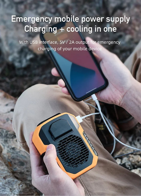 Outdoor Waist Mounted Fan Polymer Battery Anti Drop Shock Absorption USB Portable Power Bank with Bladeless Hanging Neck Fan