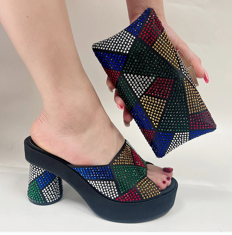 Fashion Italian Designers 2023 Luxury Elegant Patchwork Clutch Bag Bright Diamond Summer party Women's Platfrom High Heels Shoes