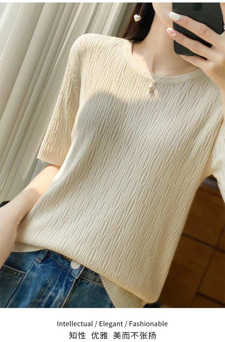 Summer Ice Silk Short Sleeve T-Shirt Female Joker Solid Color Ladies Pullover Loose Thin Round Neck Sweater To Wear Outside