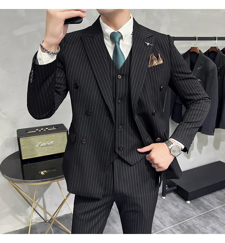 2023 Fashion New Men's Boutique Business Slim Wedding Striped Double Breasted Suit Blazers Jacket Pants Trousers Vest 3 Pcs Set