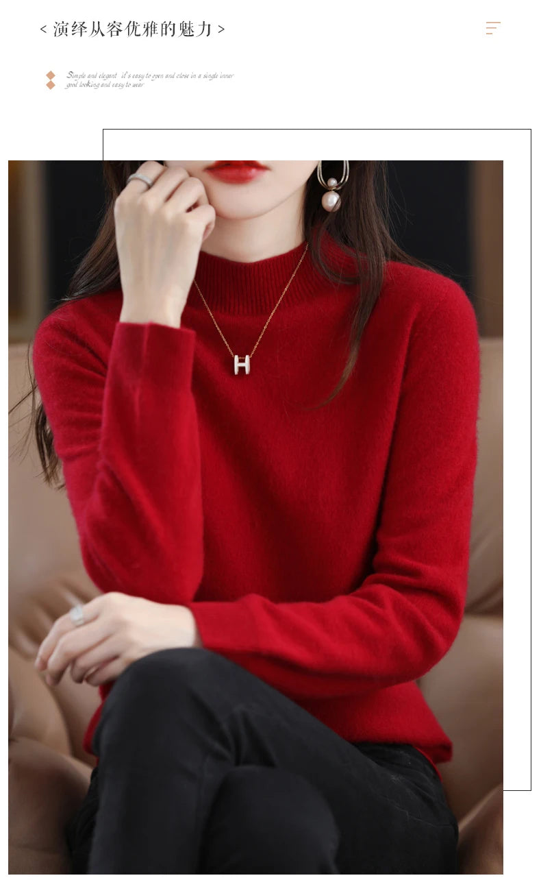 Autumn And Winter Women's Pullover 100% Pure Wool Seamless Ready-To-Wear Semi-High Collar Skin-Friendly Fashion Knitted Sweater