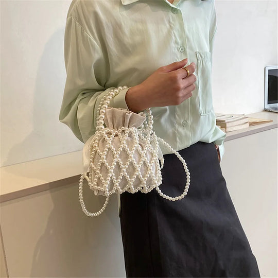 Personalized Fashion Pearl Crossbody Bag Women'S Hollow Woven Shoulder Bags Girls Handbag Tote Bag Portable Femiminas Bag