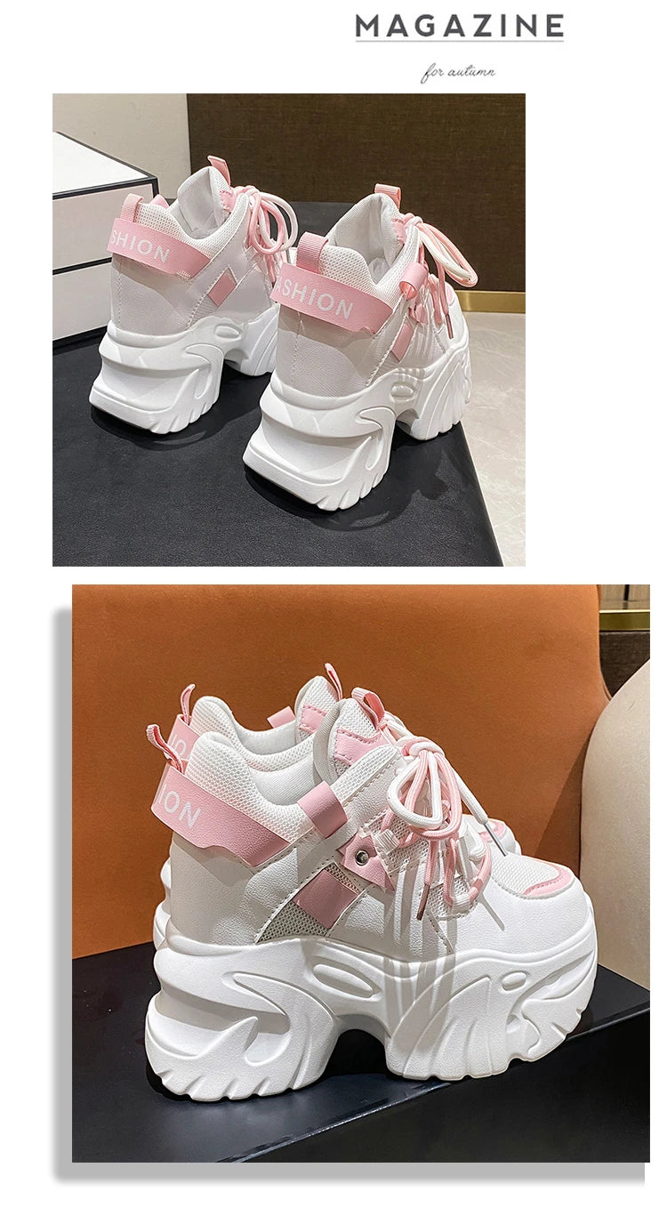 10.5CM Women Platform Sneakers Lace-up Autumn Sports Dad Shoes High Top Chunky Casual Shoes Woman Thick Bottom Mesh White Shoes