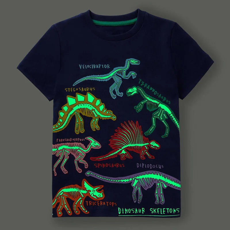 2024 Summer New Fashion Children Luminous Dinosaurs Shark Cartoon T-shirt Boys Shirt Jumper Top Kids Clothes