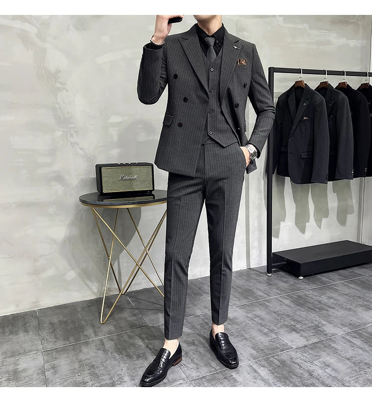 2023 Fashion New Men's Boutique Business Slim Wedding Striped Double Breasted Suit Blazers Jacket Pants Trousers Vest 3 Pcs Set