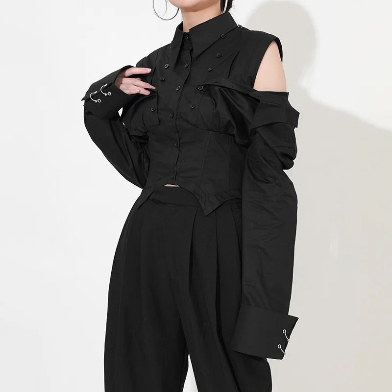 [EAM] Women Black Ways Wear Irregular Blouse New Lapel Long Sleeve Loose Fit Shirt Fashion Tide Spring Summer 2024 1DD969601