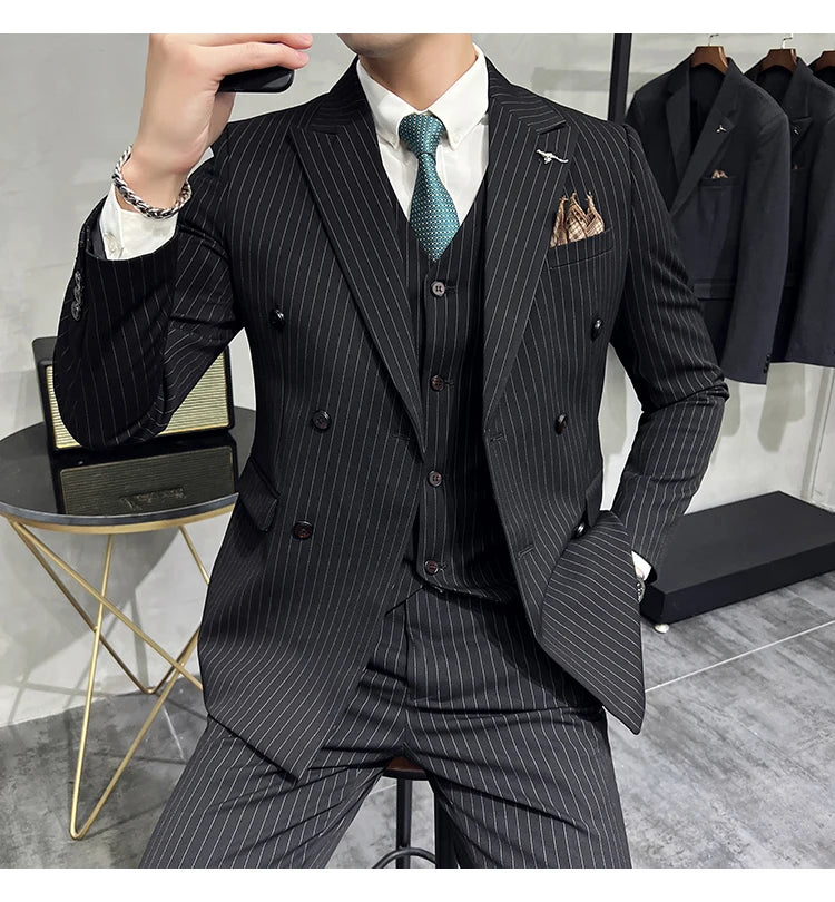 2023 Fashion New Men's Boutique Business Slim Wedding Striped Double Breasted Suit Blazers Jacket Pants Trousers Vest 3 Pcs Set