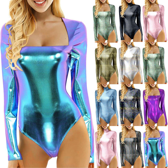 Women's Fashionable Leather Solid Color Shiny Long Sleeve Bodysuit Carnival Party Long Sleeved High Collar Performance Wear