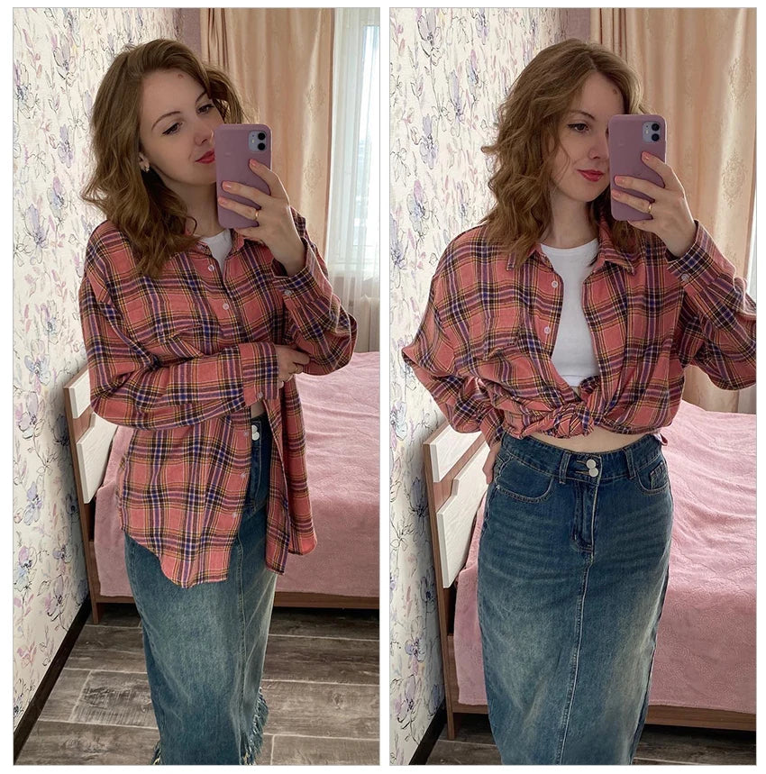 Mnealways18 Pink Plaid Shirts And Tops Women Street Wear Gingham Casual Long Sleeve Top Single-Breasted Oversize Shirt Ladies