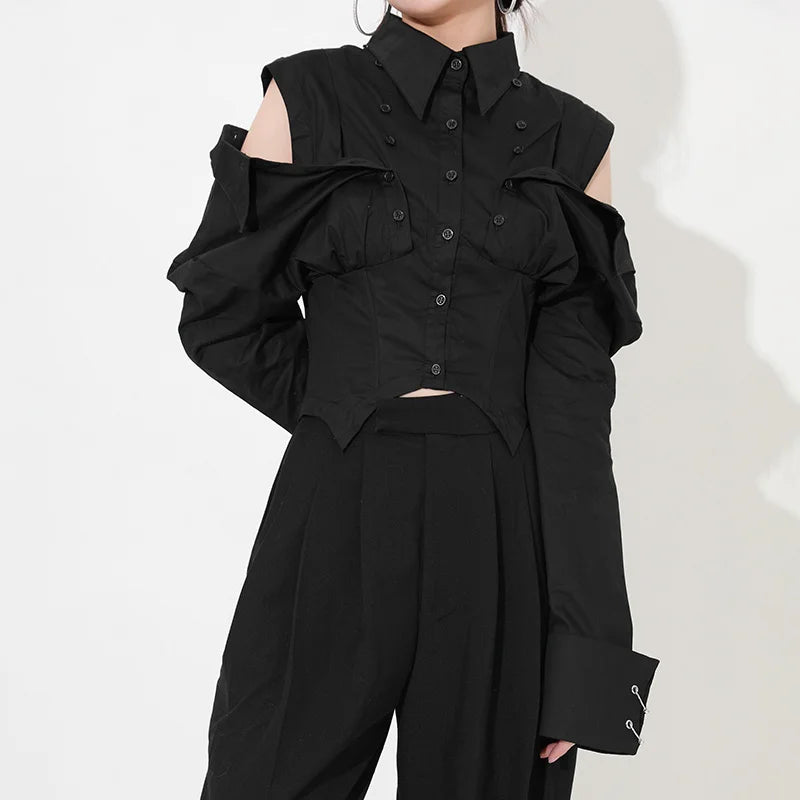 [EAM] Women Black Ways Wear Irregular Blouse New Lapel Long Sleeve Loose Fit Shirt Fashion Tide Spring Summer 2024 1DD969601