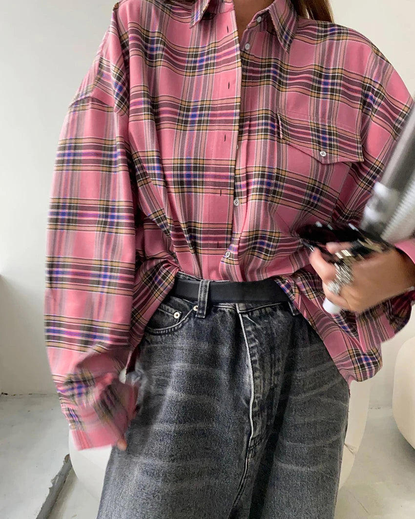 Mnealways18 Pink Plaid Shirts And Tops Women Street Wear Gingham Casual Long Sleeve Top Single-Breasted Oversize Shirt Ladies