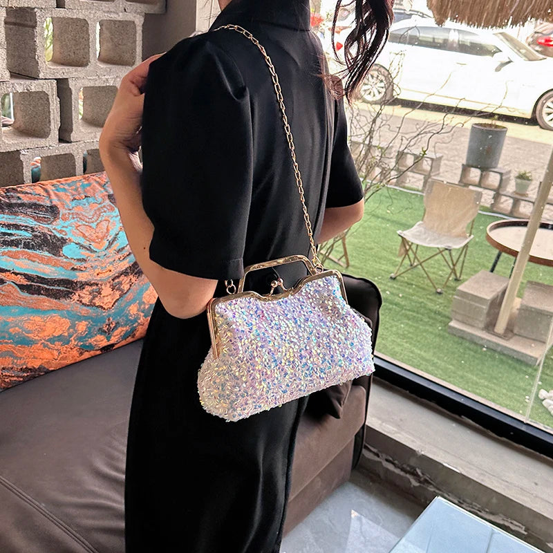 LEFTSIDE Sequin Crossbody Bags for Women 2023 Luxury Designer Fashion Party Handbags Trend Chain Cluth