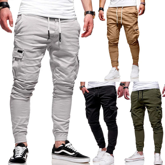 Men's Jogging Pants Denim Flip Pocket Side Drawstring Waist Overalls Leisure Elastic Sports Pants Training Tactical Pants