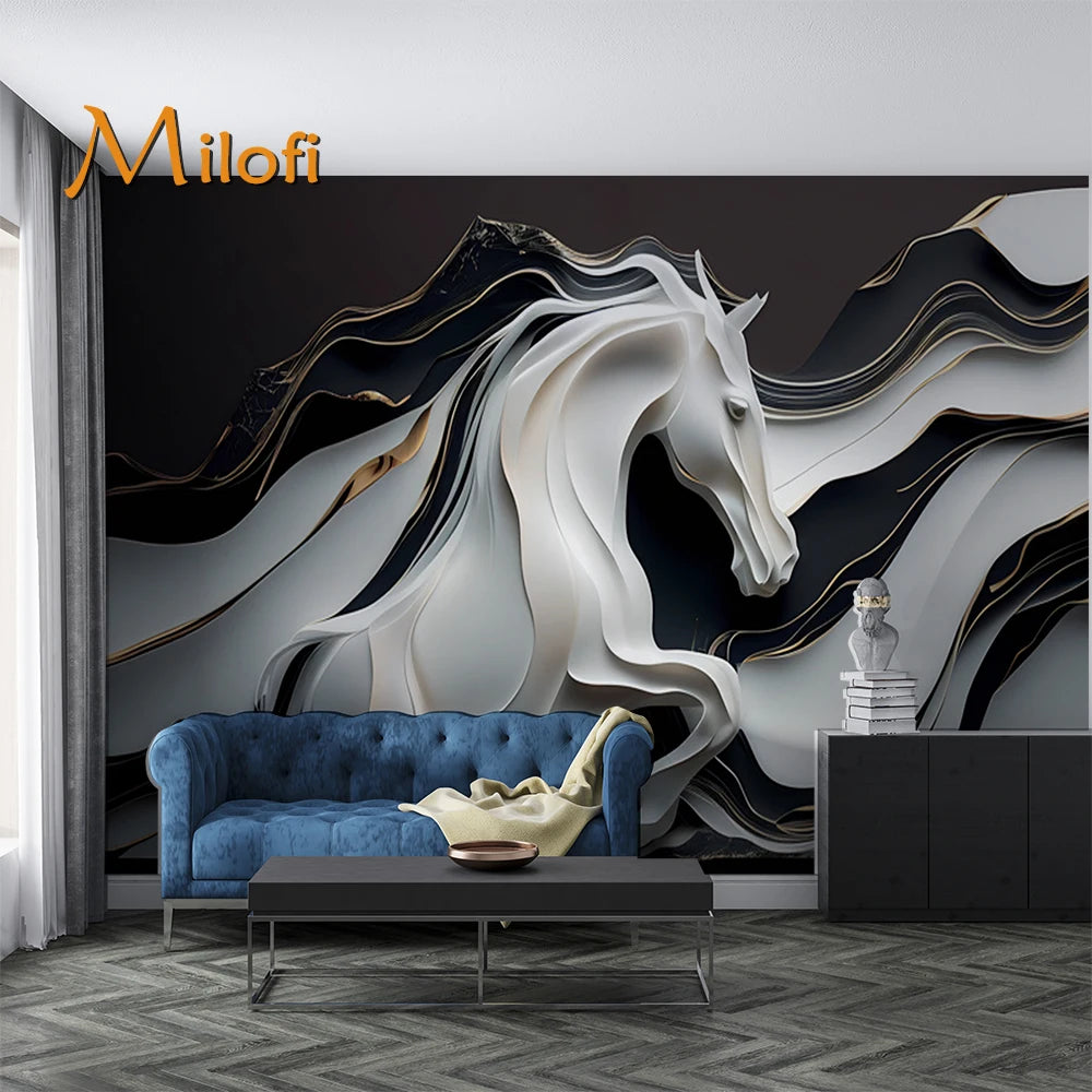 Milofi Customized Wallpaper Mural Modern Light Luxury Simple 3D White Jade Junma Workwear TV Background Wall Home Decoration