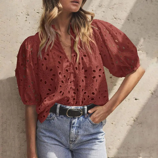 Eyelet Embroidered Shirt White Lace Blouse Hollow Out Loose Fit Top Wear Women's Summer Clothing