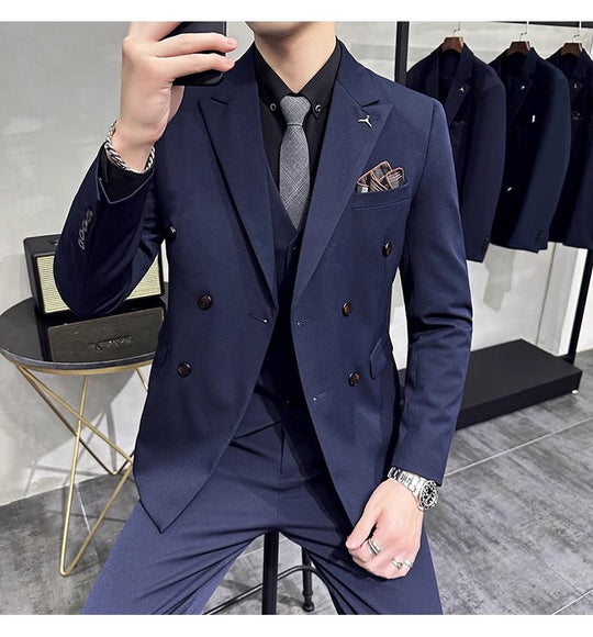 2023 Fashion New Men's Boutique Business Slim Wedding Striped Double Breasted Suit Blazers Jacket Pants Trousers Vest 3 Pcs Set