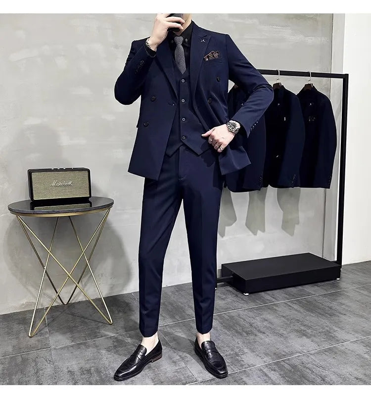 2023 Fashion New Men's Boutique Business Slim Wedding Striped Double Breasted Suit Blazers Jacket Pants Trousers Vest 3 Pcs Set