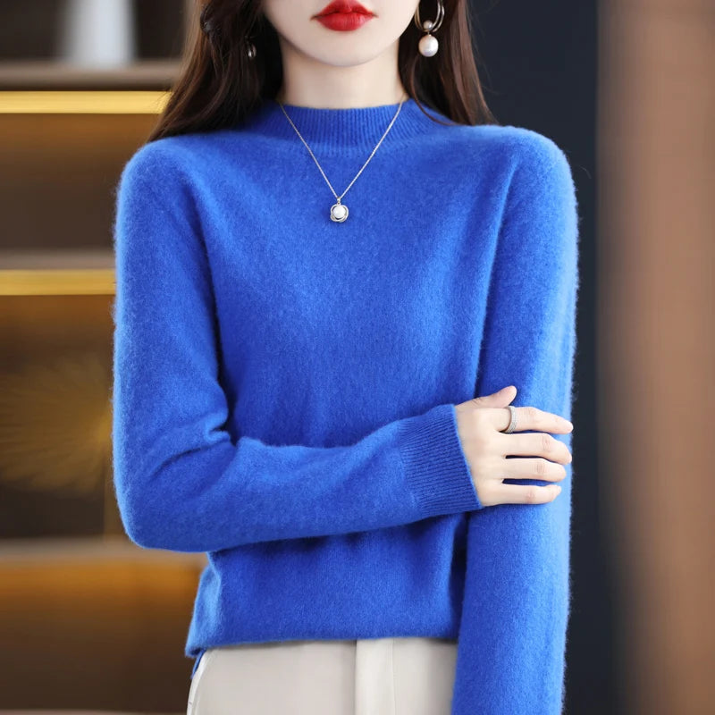 Autumn And Winter Women's Pullover 100% Pure Wool Seamless Ready-To-Wear Semi-High Collar Skin-Friendly Fashion Knitted Sweater