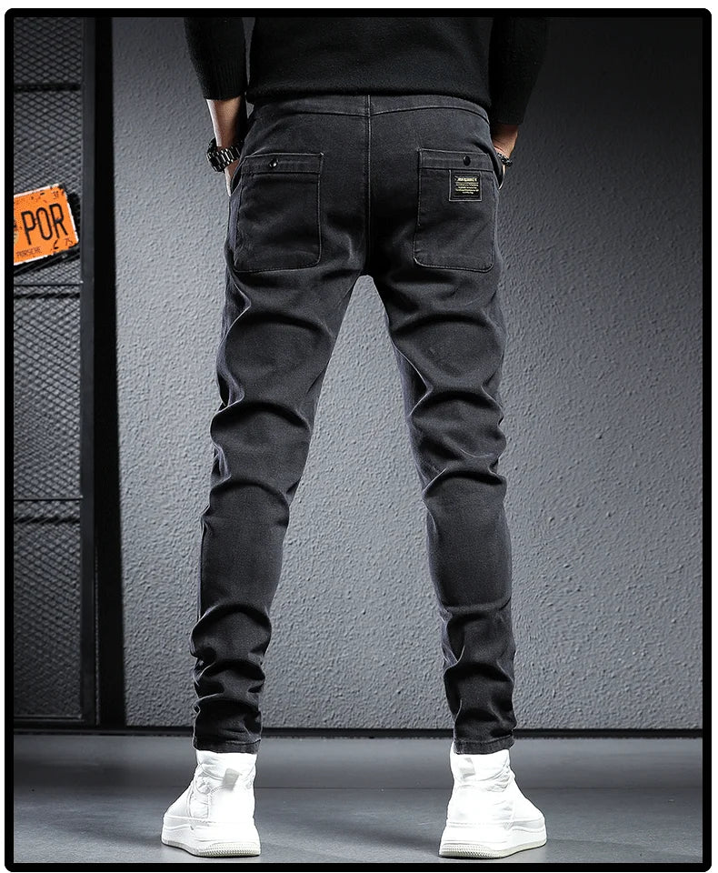 Autumn winter 2022 elastic waist thicken fleece jeans for men Slim fit small feet Korean fashion casual pants for men Long pants