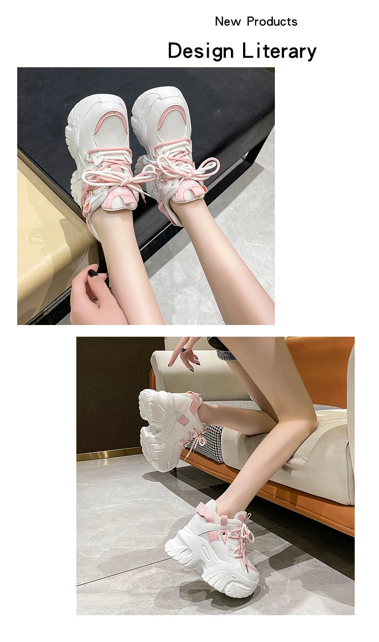 10.5CM Women Platform Sneakers Lace-up Autumn Sports Dad Shoes High Top Chunky Casual Shoes Woman Thick Bottom Mesh White Shoes