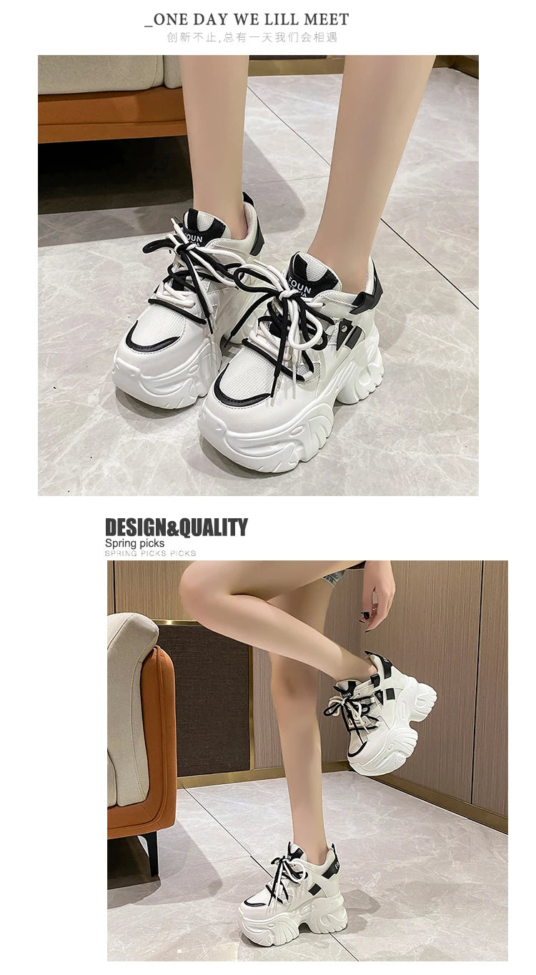 10.5CM Women Platform Sneakers Lace-up Autumn Sports Dad Shoes High Top Chunky Casual Shoes Woman Thick Bottom Mesh White Shoes