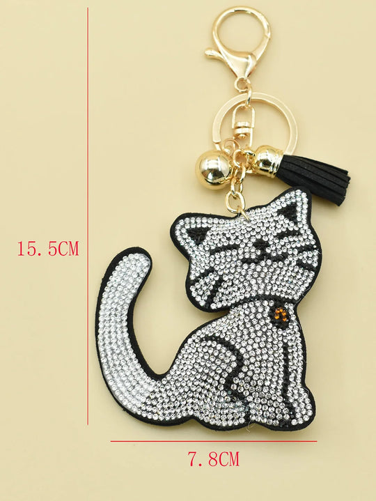 YLWHJJ Brand new Cute Rhinestone Cat Keychain For Women Bag Pendant Tassel kitten Dogs fish Key chain Fashion Jewelry key ring