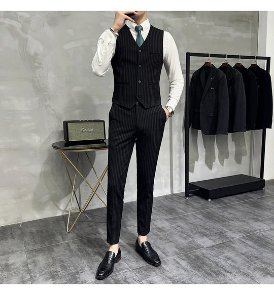 2023 Fashion New Men's Boutique Business Slim Wedding Striped Double Breasted Suit Blazers Jacket Pants Trousers Vest 3 Pcs Set