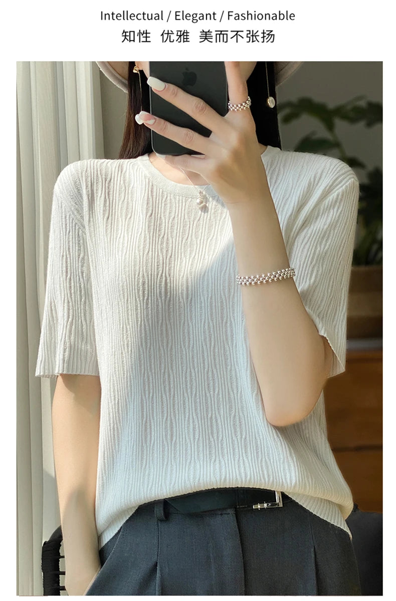 Summer Ice Silk Short Sleeve T-Shirt Female Joker Solid Color Ladies Pullover Loose Thin Round Neck Sweater To Wear Outside