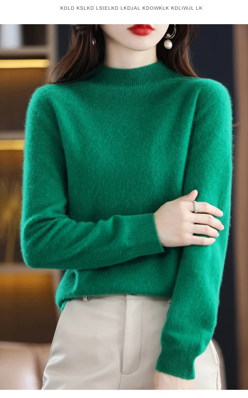 Autumn And Winter Women's Pullover 100% Pure Wool Seamless Ready-To-Wear Semi-High Collar Skin-Friendly Fashion Knitted Sweater