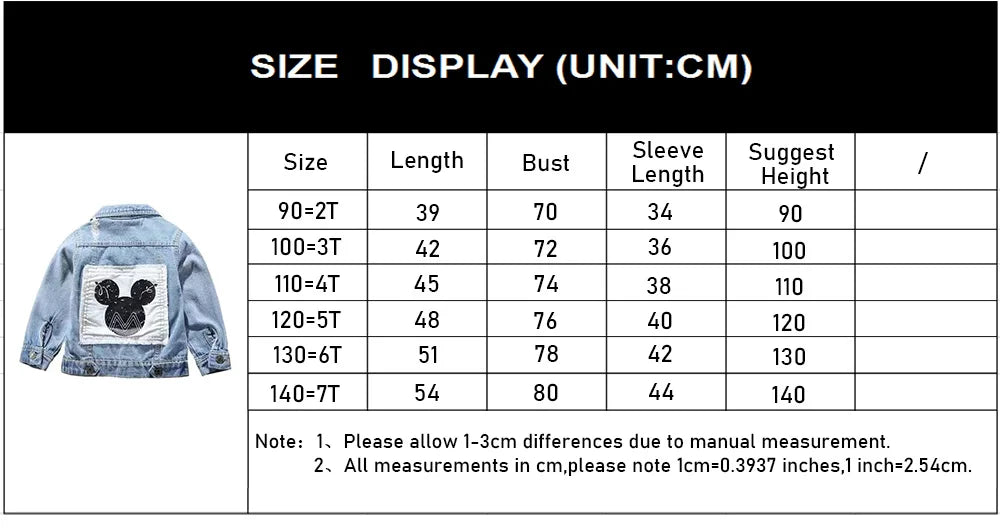 Mickey Denim Jacket For Boys Fashion Coats Children Clothing Autumn Baby Girls Clothes Outerwear Cartoon Jean Jackets Coat