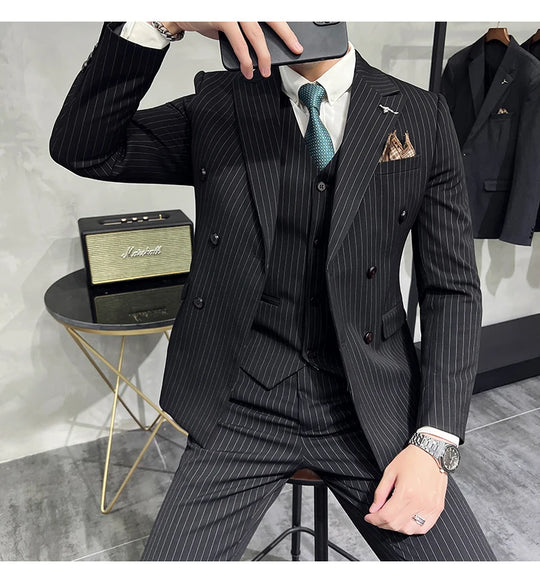 2023 Fashion New Men's Boutique Business Slim Wedding Striped Double Breasted Suit Blazers Jacket Pants Trousers Vest 3 Pcs Set