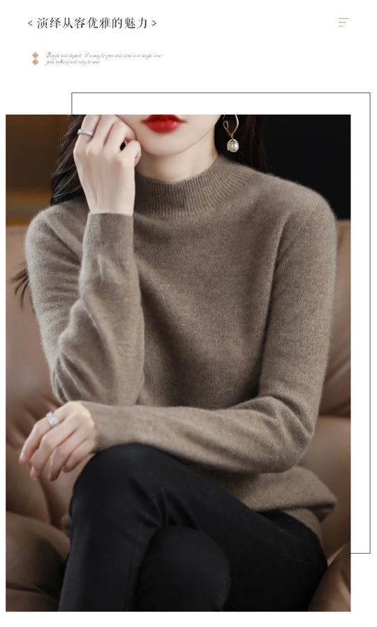 Autumn And Winter Women's Pullover 100% Pure Wool Seamless Ready-To-Wear Semi-High Collar Skin-Friendly Fashion Knitted Sweater