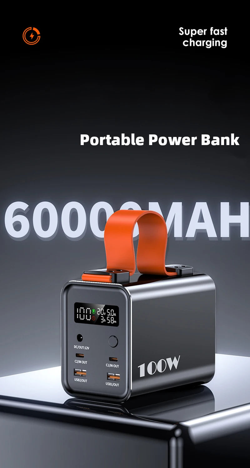 Large Capacity Power Bank Station 60000mAh 100W PD USB C DC Fast Charge External Battery Portable Powerbank For iPhone 14