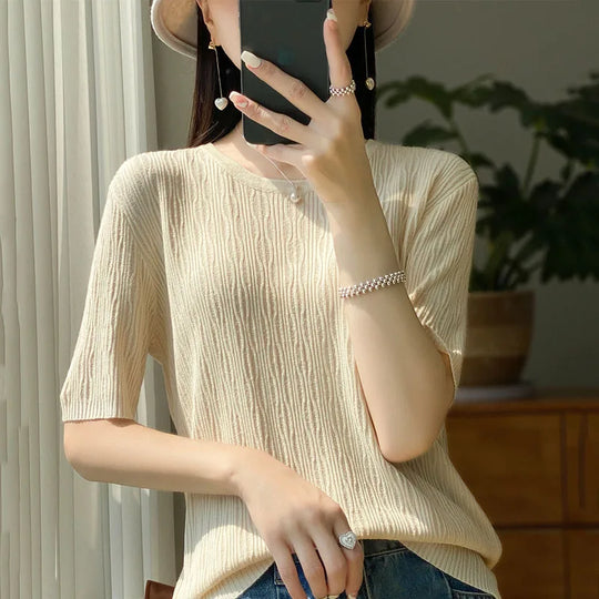 Summer Ice Silk Short Sleeve T-Shirt Female Joker Solid Color Ladies Pullover Loose Thin Round Neck Sweater To Wear Outside