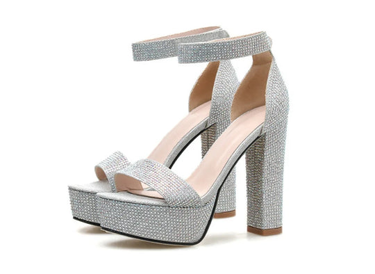 Liyke New Fashion Silver Rhinestone Platform Sandals Summer Open Toe Ankle Strap Square High Heels Women Party Wedding Shoes