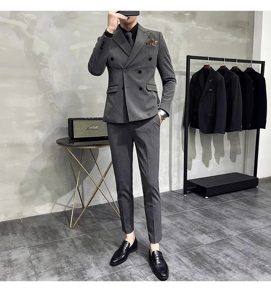 2023 Fashion New Men's Boutique Business Slim Wedding Striped Double Breasted Suit Blazers Jacket Pants Trousers Vest 3 Pcs Set