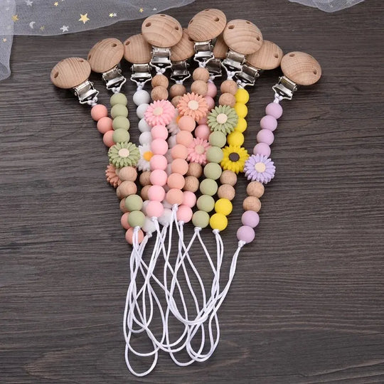 Baby Beech Wood Pacifier Silicone Flower Beaded Nipple Clips For Soother Pacifier Holder Chain Nursing Toy Shower Gift