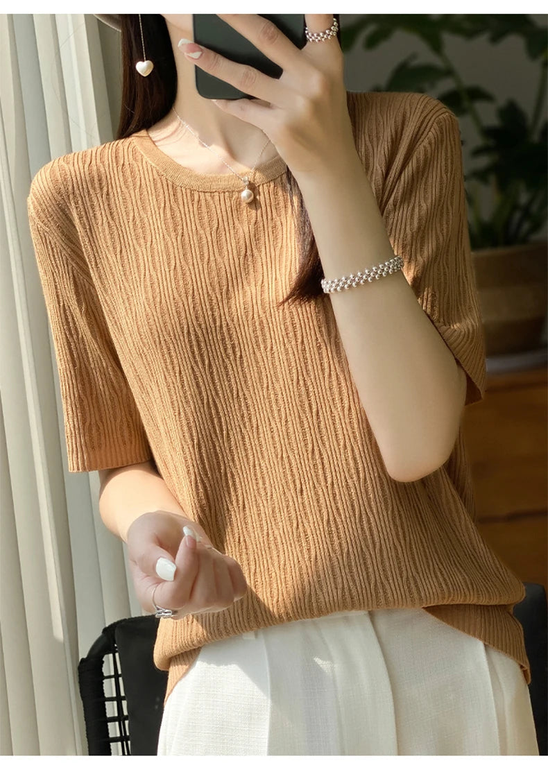 Summer Ice Silk Short Sleeve T-Shirt Female Joker Solid Color Ladies Pullover Loose Thin Round Neck Sweater To Wear Outside