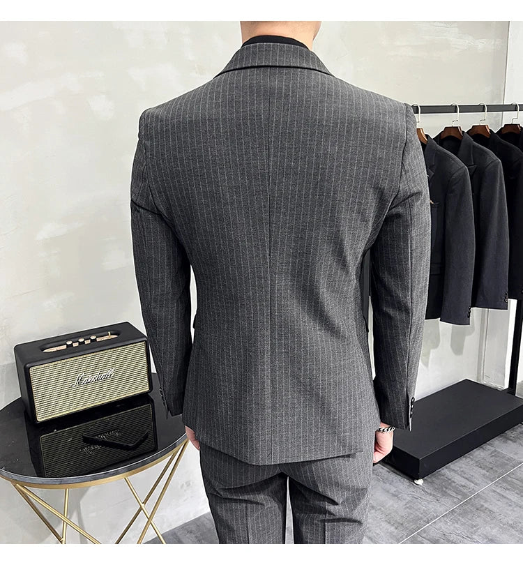 2023 Fashion New Men's Boutique Business Slim Wedding Striped Double Breasted Suit Blazers Jacket Pants Trousers Vest 3 Pcs Set