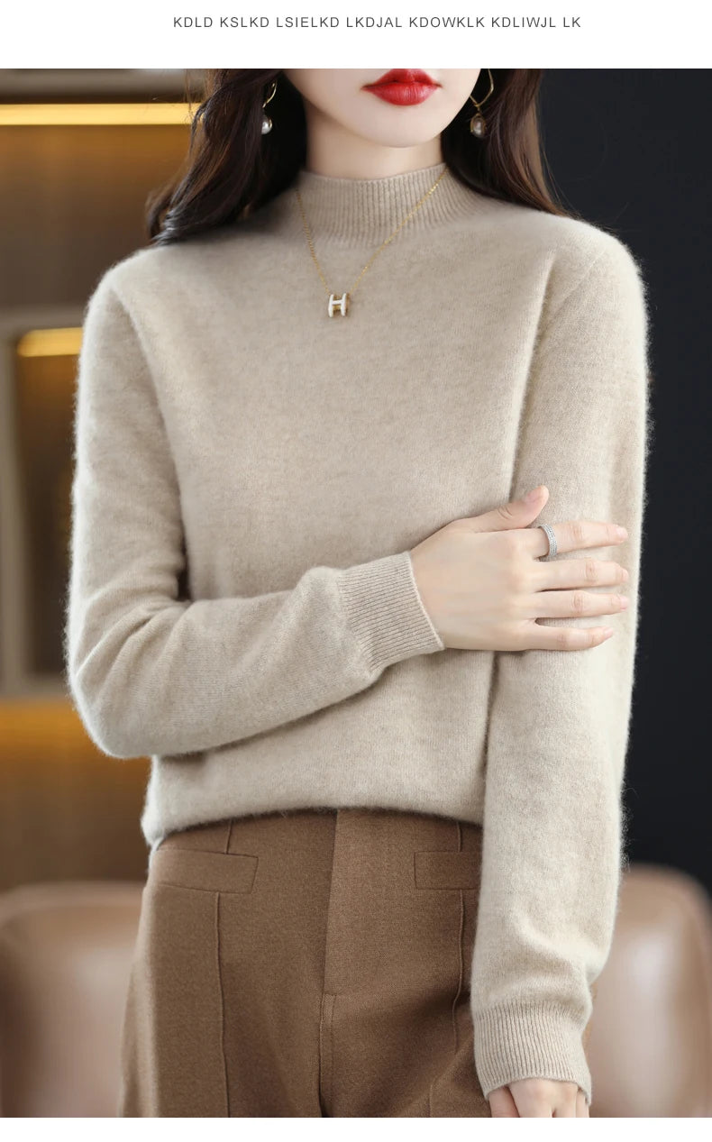 Autumn And Winter Women's Pullover 100% Pure Wool Seamless Ready-To-Wear Semi-High Collar Skin-Friendly Fashion Knitted Sweater