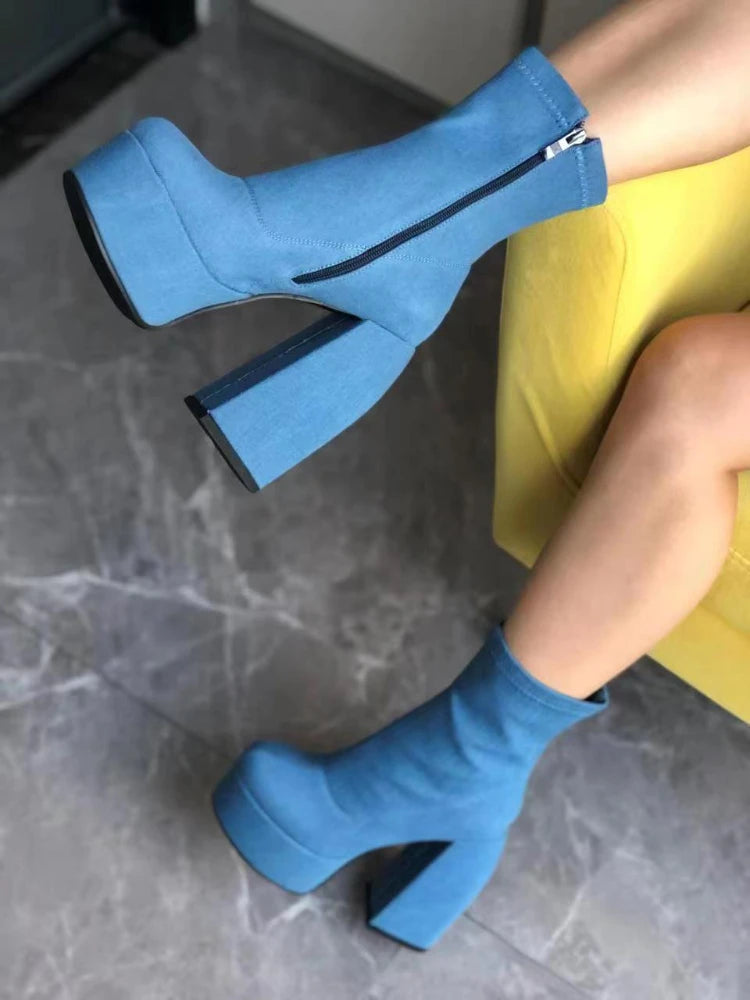 Designer Ankle Boots for Women Brand Woman Heels Platform Chunky Blue Cowboy Boots Solid PU Women Shoes New Sexy 10cm High Heels