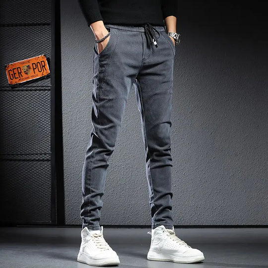 Autumn winter 2022 elastic waist thicken fleece jeans for men Slim fit small feet Korean fashion casual pants for men Long pants