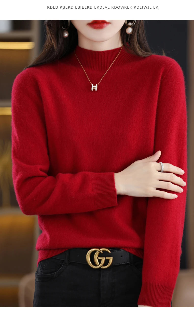 Autumn And Winter Women's Pullover 100% Pure Wool Seamless Ready-To-Wear Semi-High Collar Skin-Friendly Fashion Knitted Sweater