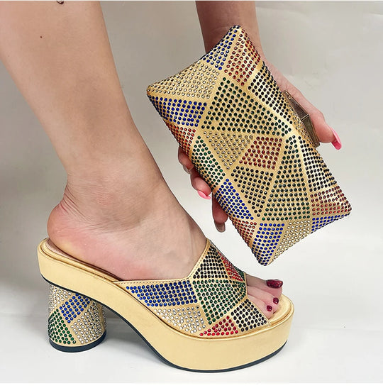 Fashion Italian Designers 2023 Luxury Elegant Patchwork Clutch Bag Bright Diamond Summer party Women's Platfrom High Heels Shoes