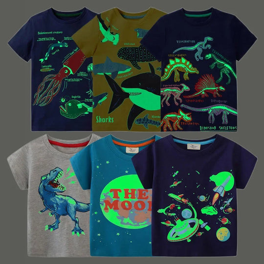 2024 Summer New Fashion Children Luminous Dinosaurs Shark Cartoon T-shirt Boys Shirt Jumper Top Kids Clothes