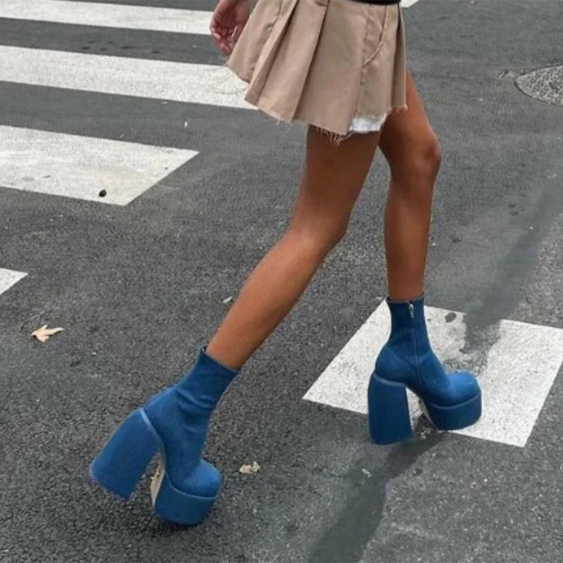 Designer Ankle Boots for Women Brand Woman Heels Platform Chunky Blue Cowboy Boots Solid PU Women Shoes New Sexy 10cm High Heels