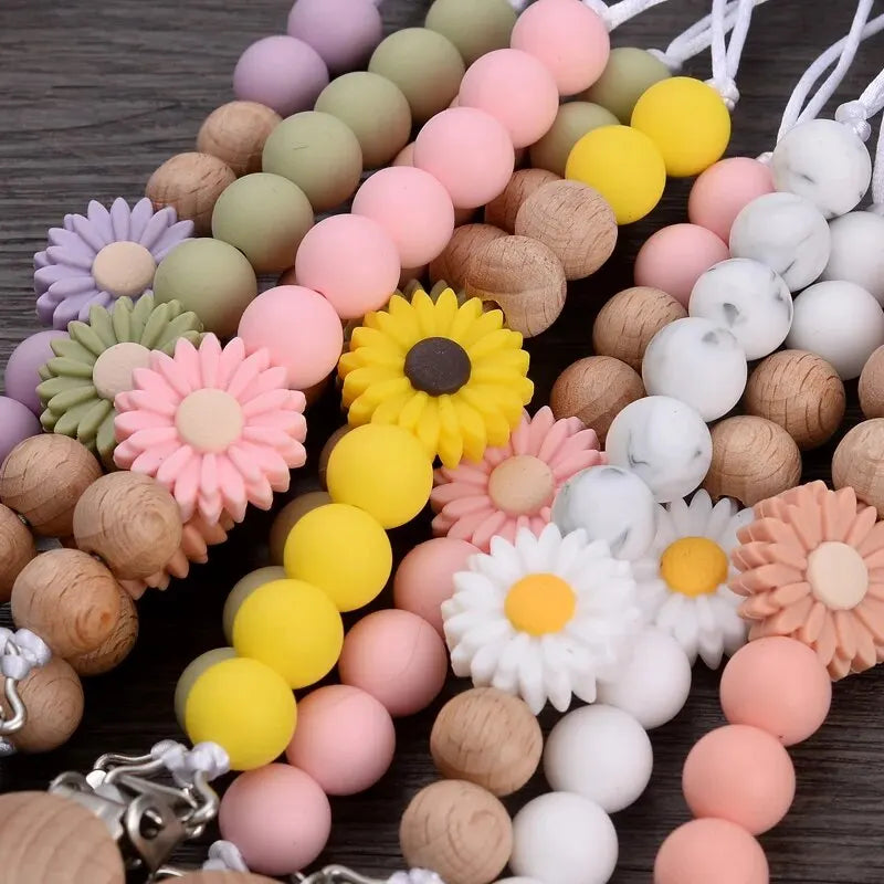 Baby Beech Wood Pacifier Silicone Flower Beaded Nipple Clips For Soother Pacifier Holder Chain Nursing Toy Shower Gift